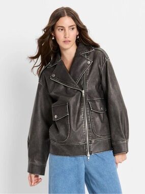 Relaxed Leather Moto Jacket by Future Collective, Vintage Black, Sz L, NWT
